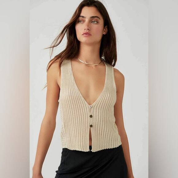 FREE PEOPLE Seascape Tank Vest NWT in Conch Combo Metallic Gold Cream Sz. Small - Picture 4 of 14